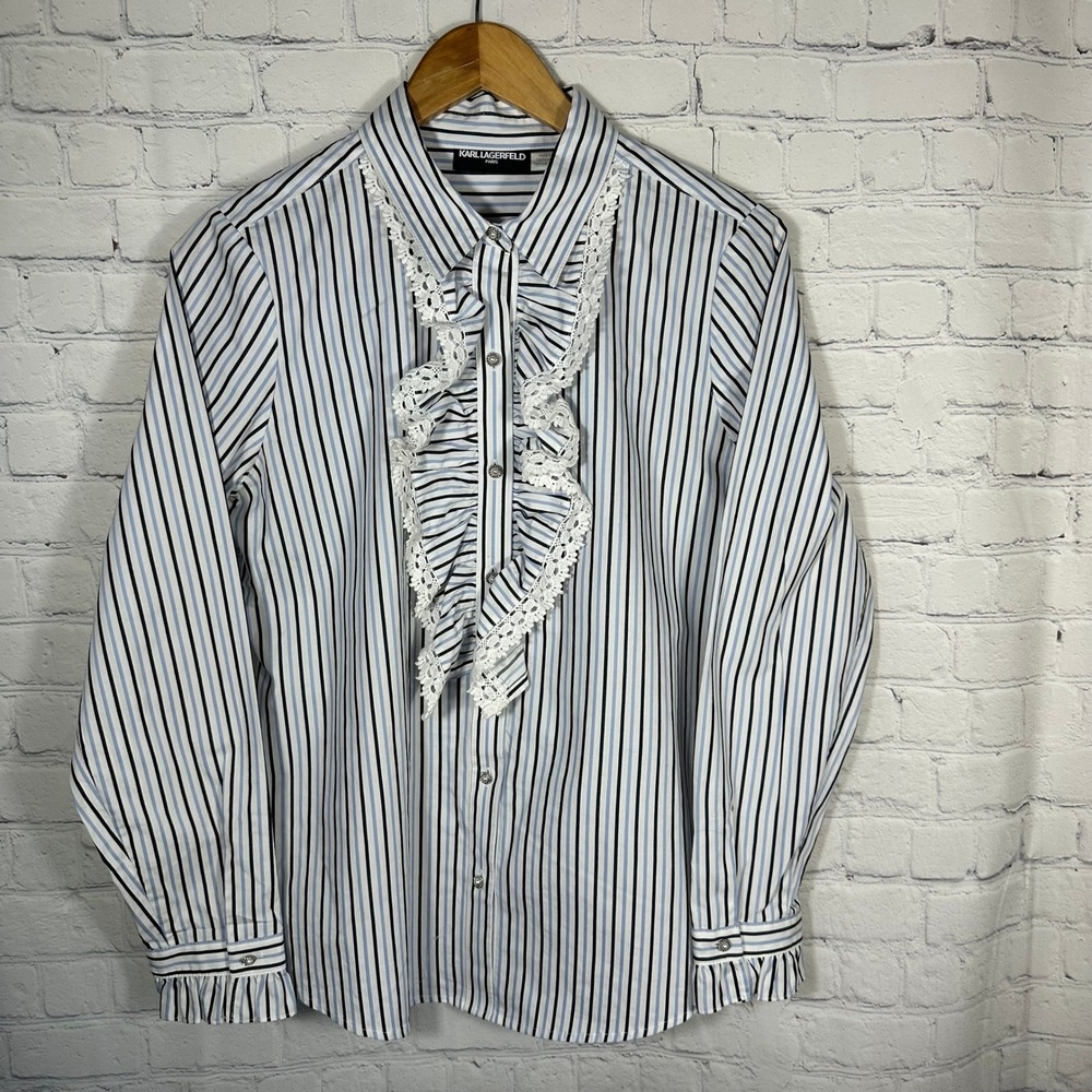 Karl Lagerfeld Paris Womens Blue Striped Ruffle Lace Front Cotton Blouse Shirt